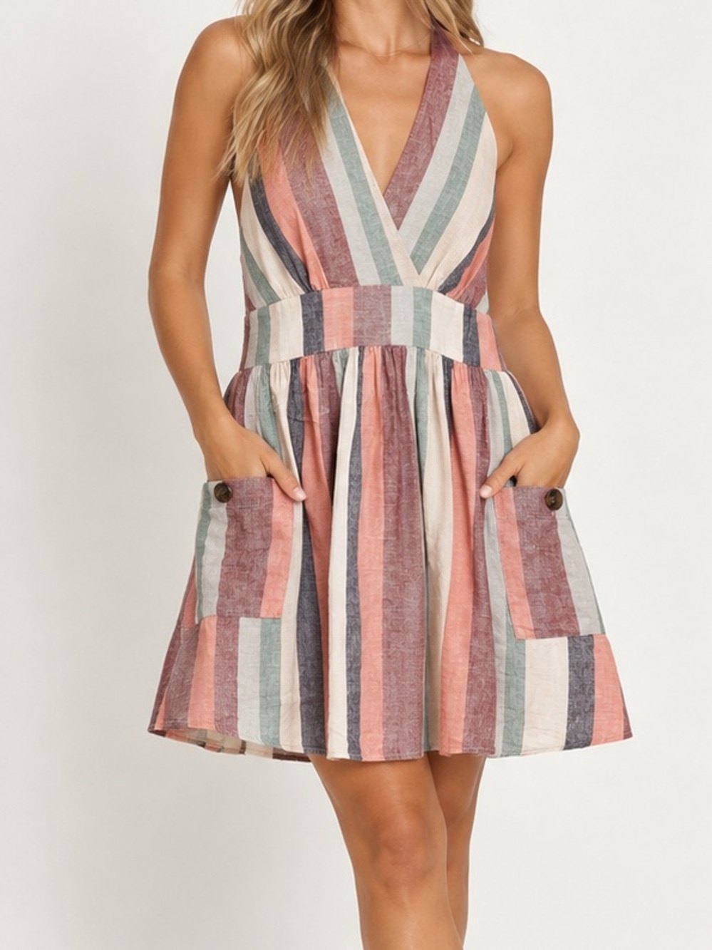 American Eagle Outfitters Striped Halter Mini Cotton/Linen Dress-Pink/Blue/Beige